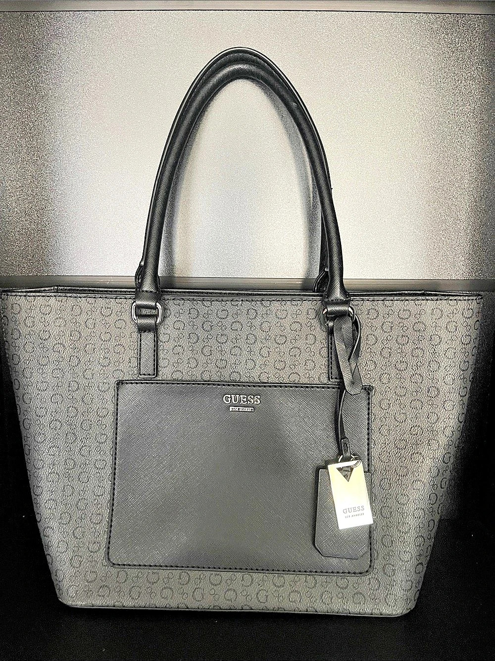 GUESS Monogram Logo Tote Satchel in Black & Gray